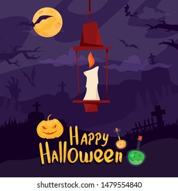 
Modern vector illustration. Happy Halloween vector banner with candle on mystery background with bats and tombs. For party posters, greeting cards. 