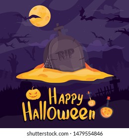 Modern vector illustration. Happy Halloween vector banner with tomb of vampire on mystery background with bats and tombs. For party posters, greeting cards. 