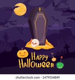 Modern vector illustration. Happy Halloween vector banner with tomb of vampire. Coffin on mystery background with bats and tombs. For party posters, greeting cards. 