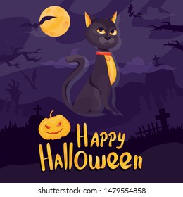 Modern vector illustration. Happy Halloween vector banner with 
cat on mystery background with bats and tombs. For party posters, greeting cards.