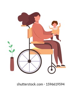 Modern vector illustration with happy handicapped mother with her child. Disabled woman holding a baby in her arms. Family love concept