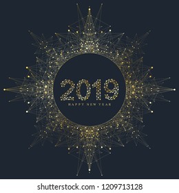 Modern vector illustration of Happy New Year 2019 banner. Golden and black design element for presentations, postcards, flyers, leaflet and poster, greeting card or invitations.