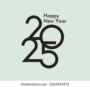 Modern vector illustration of Happy New Year 2025 with bold typography and geometric elements on a light background. Perfect for holiday cards, banners, and festive designs