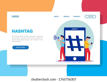 Modern vector illustration of a hashtag sign on a cellphone screen, two men around it, networking and social media.