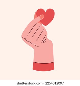 Moderna ilustración vectorial del corazón en la mano. Clipart de estilo plano. Voluntariado, apoyo, humanismo, concepción de caridad. Para icono, pegatina, banner, diseño de tarjeta.