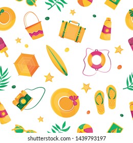 
Modern vector illustration of Hello summer seamless pattern. Tropical plants with sunglasses, ice cream, starfish, camera, beach umbrella. Template for banners, posters, postcards and for seasonal va