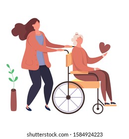 Modern vector illustration of help old disabled people. Characters volunteers with handicapped grandmother.  Daughter walks with old disabled mother in the wheelchair. 