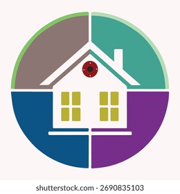 Modern vector illustration of a house inside a segmented circular shape with four colored sections. Represents real estate, property management, home improvement, architecture.