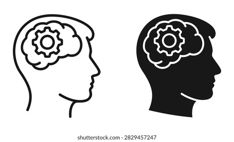 Modern vector illustration of a human head containing a gear symbol representing cognitive processes creative thinking and intelligence. Perfect for psychology education and brainpower topics.