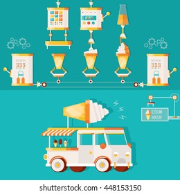 Modern vector illustration of ice cream factory, industry of ice cream. Technologically process preparation of sweet desserts with ice cream car.