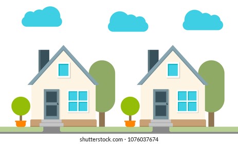 Modern Vector Illustration. Icon Of Two Country Houses Standing Next To Grass And Clouds. Image For Website, Presentation, Application, Interface.