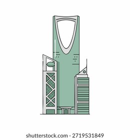 Modern Vector Illustration of Iconic Riyadh Skyscraper Tower with Minimalist Line Art Design, Symbol of Saudi Arabia Architecture and Middle East Urban Skyline Concept.