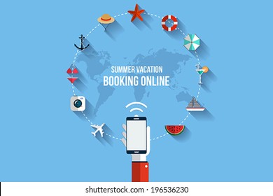 Modern vector illustration icons set of traveling,booking online, planning a summer vacation. Flat design style. Vector