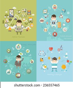 Modern vector illustration icons set in flat style of traveling, planning vacation, natural resources, ecology, healthy lifestyle.