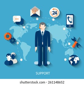 Modern vector illustration icons set in flat style of technical support with long shadow. Man with icons. Vector.