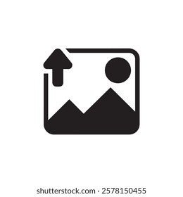 Modern vector illustration of an image upload icon featuring a photo and upward arrow, perfect for apps, websites, and digital interfaces.