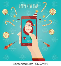 Modern vector illustration of incoming Santa Claus call. On snowflakes background. Hand with Christmas phone on snowflakes background