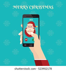 Modern vector illustration of incoming Santa Claus call. On snowflakes background. Hand with Christmas phone on snowflakes background.