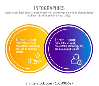 Ilustración vectorial moderna. Plantilla de círculos de infografía con dos Elementos, sectores e íconos. Diseñado para negocios, presentaciones, Diseño web, interfaz, diseño de flujo de trabajo, diagramas con 2 pasos