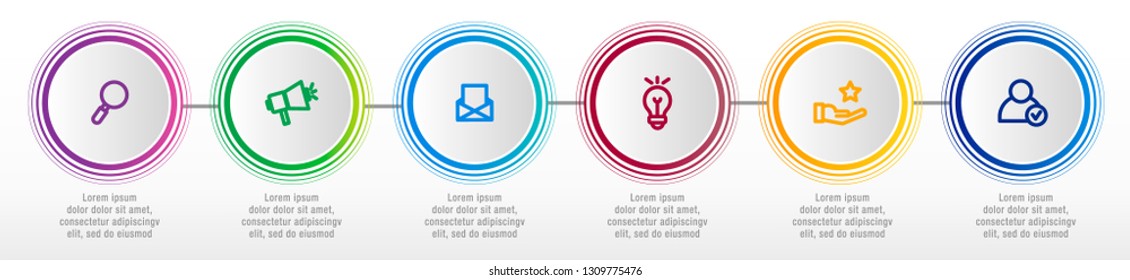 Modern vector illustration. Infographic circles template with six elements, sectors, icons. Designed for business, presentations, web design, interface, workflow layout, diagrams with 6 steps.
