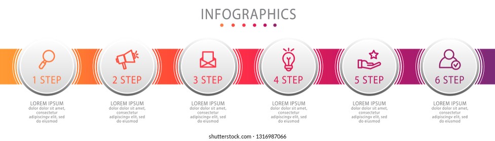 Modern vector illustration. Infographic circles template with six elements, sectors, icons. Designed for business, presentations, web design, interface, workflow layout, diagrams with 6 steps.