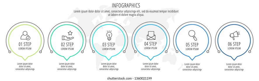 Modern vector illustration. Infographic circles template with six elements, sectors, icons. Timeline designed for business, presentations, web design, interface, workflow layout, diagrams with 6 steps