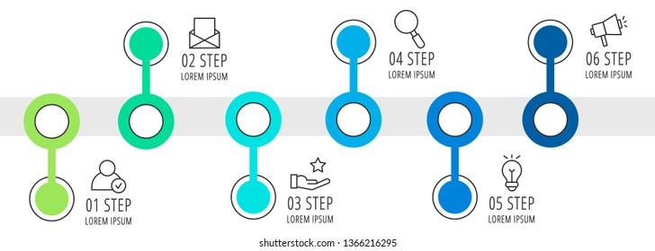 Modern vector illustration. Infographic circles template with six elements, sectors, icons. Timeline designed for business, presentations, web design, interface, workflow layout, diagrams with 6 steps