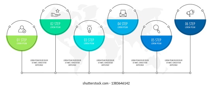 Modern vector illustration. Infographic circles template with six elements, sectors, icons. Timeline designed for business, presentations, web design, interface, workflow layout, diagrams with 6 steps