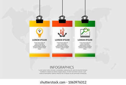 Modern vector illustration. Infographic pattern on suspended sheet of paper. 3D style with three steps. Used for business presentations, web design, timeline with 3 elements. Place for text and icons.