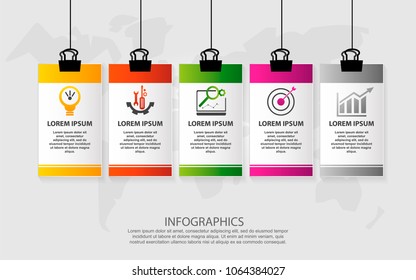 Modern vector illustration. Infographic pattern on suspended sheet of paper. 3D style with five steps. Used for business presentations, web design, timeline with 5 elements. Place for text and icons.