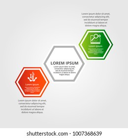 Modern vector illustration. Infographic template with three hexagon elements. Contains icons and text. Designed for business, presentations, web design, diagrams with 3 steps.