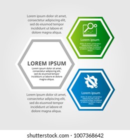 Modern vector illustration. Infographic template with three hexagon elements. Contains icons and text. Designed for business, presentations, web design, diagrams with 3 steps.