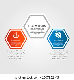 Modern vector illustration. Infographic template with three hexagon elements. Contains icons and text. Designed for business, presentations, web design, diagrams with 3 steps.