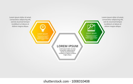 Modern vector illustration. Infographic template with three hexagon elements. Contains icons and text. Designed for business, presentations, web design, diagrams with 3 steps.