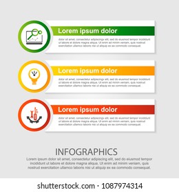 Modern vector illustration. Infographic template with three elements, circles and text. Step by step. Designed for business, presentations, web design, diagrams with 3 steps.