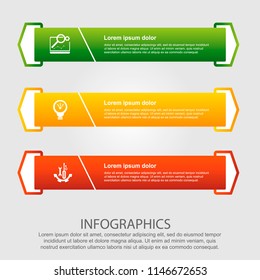 Modern vector illustration. Infographic template with three elements, arrows of the rectangle and percentages. Step by step. Designed for business, presentations, web design, diagrams with 3 steps.