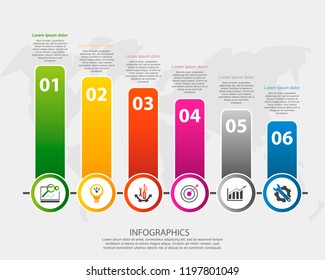 Modern vector illustration. Infographic template with six elements rectangle, circles and text. Step by step. Designed for business, presentations, web design, diagrams with 6 steps.