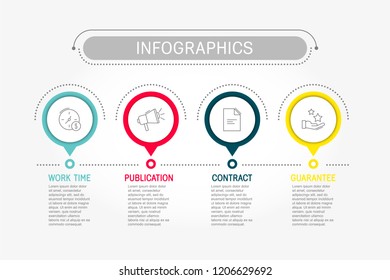 Modern vector illustration. Infographic template with four elements, circles and text. Timeline step by step. Designed for business, presentations, web design, diagrams, training with 4 steps.