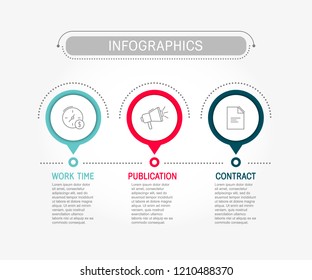 Modern vector illustration. Infographic template with three elements, circles and text. Timeline step by step. Designed for business, presentations, web design, diagrams, training with 3 steps.