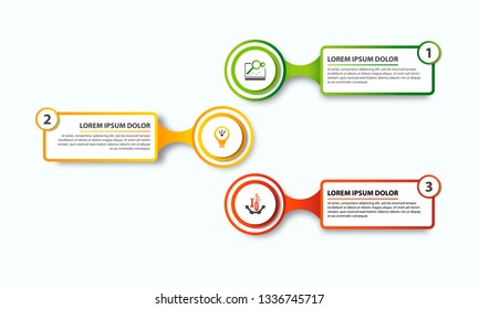Moderne Vektorgrafik. Infografik-Vorlage mit drei Elementen Rechteck, Kreise und Text. Schritt für Schritt. Entwickelt für Unternehmen, Präsentationen, Webdesign, Diagramme mit 3 Schritten