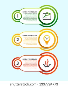 Modern vector illustration. Infographic template with three elements, circles and text. Step by step. Designed for business, presentations, web design, diagrams with 3 steps