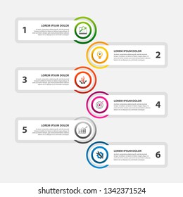  Ilustración vectorial moderna. Plantilla infográfica con seis elementos, círculos y texto. Paso a paso. Diseñado para negocios, presentaciones, diseño web, diagramas con 6 pasos.