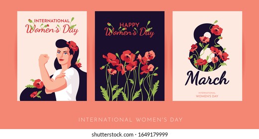 Modern vector illustration of International Women's Day, March 8 with an independent woman in flowers. American symbol of female power, protest feminism, women rights. For postcards, posters, letters