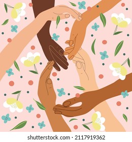 Modern vector illustration of International Women's Day, March 8. The figure eight is made by hands on a background with flowers.