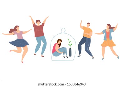 Modern vector illustration of introvert and extravert on party.  Lonely introvert girl among dancing people. Sad girl under the glass dome.