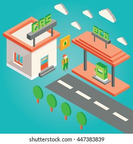 Modern vector illustration of isometric 3d gas station. 