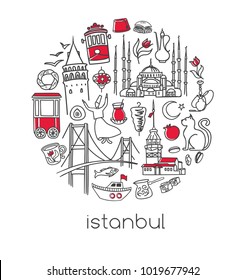 Modern vector illustration Istanbul with circle composition of hand drawn turkish symbols. Black outline doodle elements isolated on white. City tourism design conception  Simple minimalistic style.