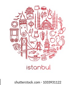 Modern vector illustration Istanbul with circle composition of hand drawn turkish symbols. Outline doodle elements with red gradient. City tourism design conception. Simple minimalistic style.