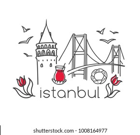 Modern vector illustration Istanbul with hand drawn doodle turkish symbols: Galata tower, tea glass, seagull, tulip, Bosphorus bridge, simit bagel. Simple minimalistic design  with black outline.