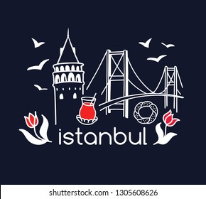 Modern vector illustration Istanbul with hand drawn doodle turkish symbols: Galata tower, tea glass, seagull, tulip, Bosphorus bridge, simit bagel. Simple minimalistic design with black outline. 
